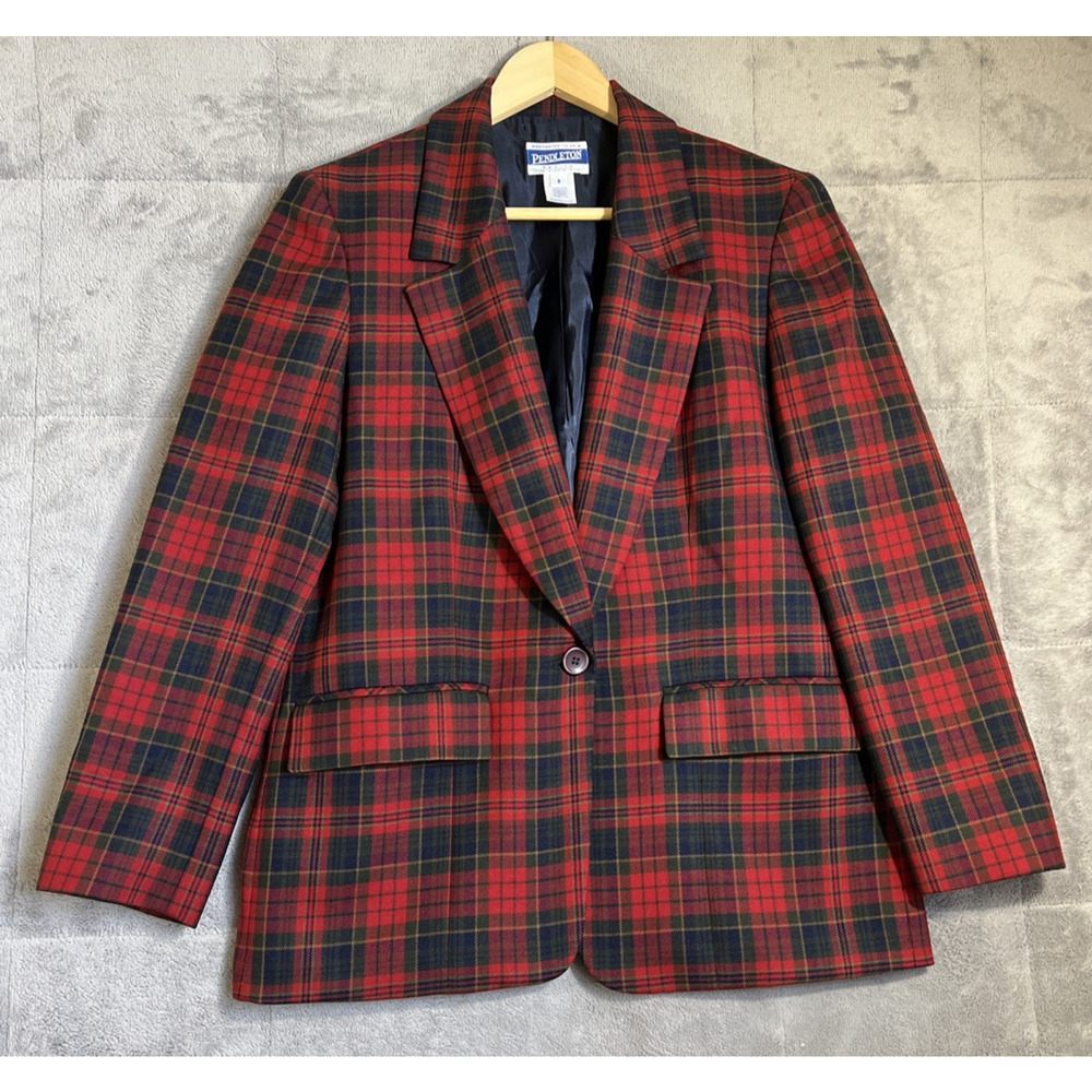 Pendleton Blazer Womens 8 Petite Red Plaid Wool Single Button Pockets Preppy